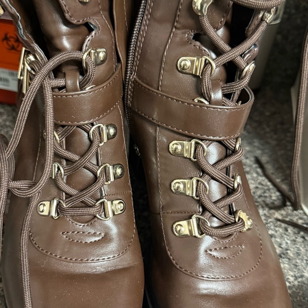 Boots- Guess Canaly Lug Sole Block Heel Combat Boots in brown. Size 9
